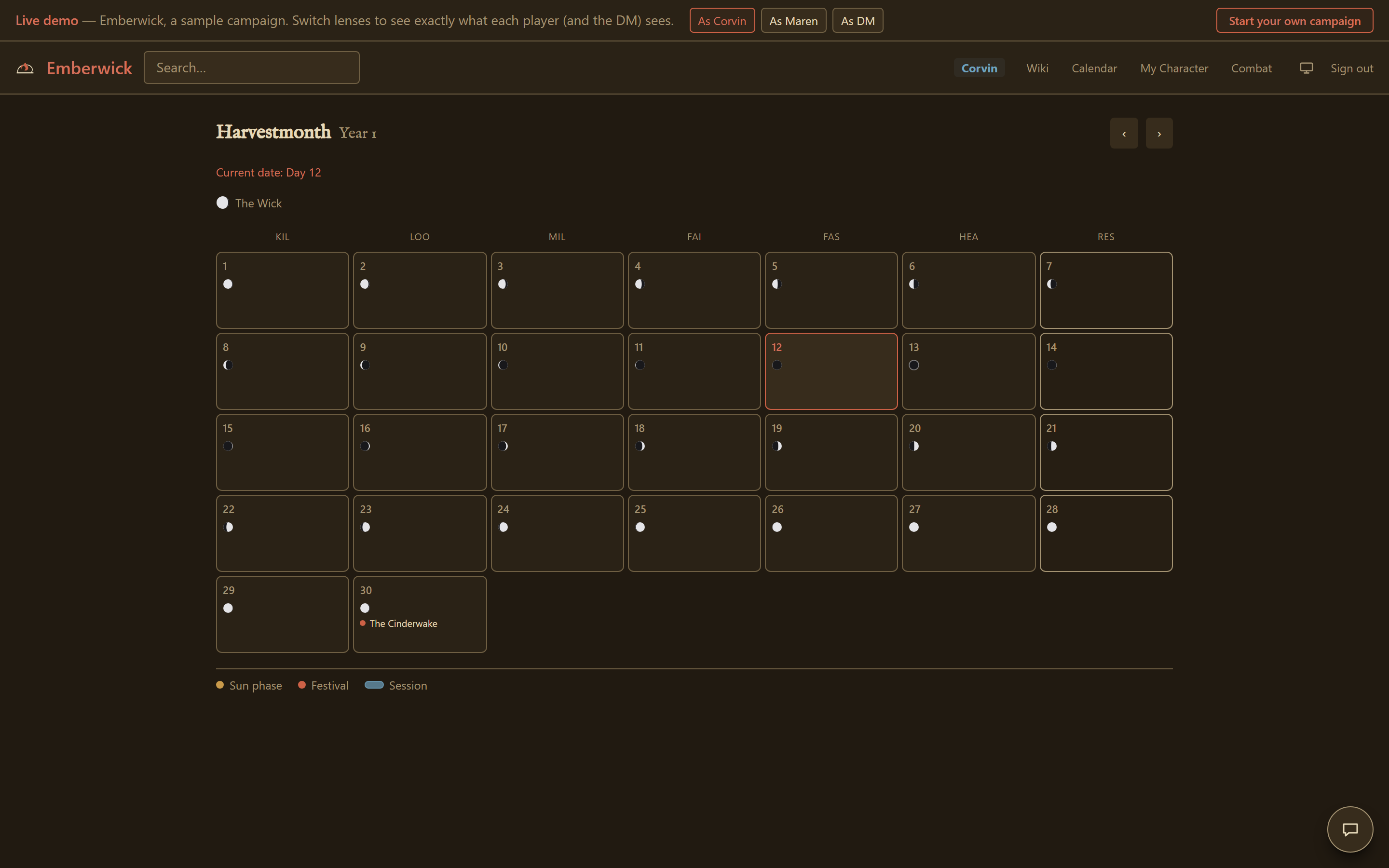 The Emberwick calendar: the month Harvestmonth of Year 1 on a seven-day week named KIL to RES, a moon phase on every day, the current date marked on day 12, and the Cinderwake festival on day 30.