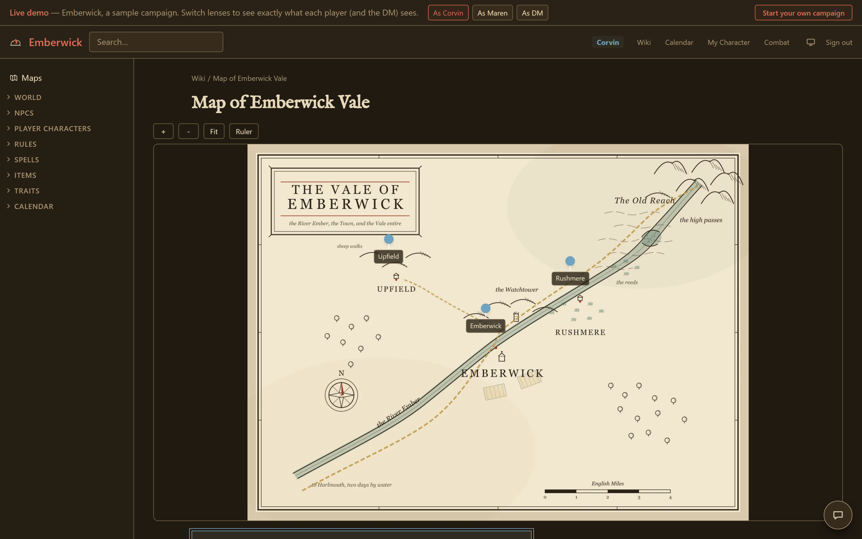 The Map of Emberwick Vale in the demo: a drawn atlas plate of the river and the three settlements, with location pins the wiki filters per lens, plus zoom and ruler controls.