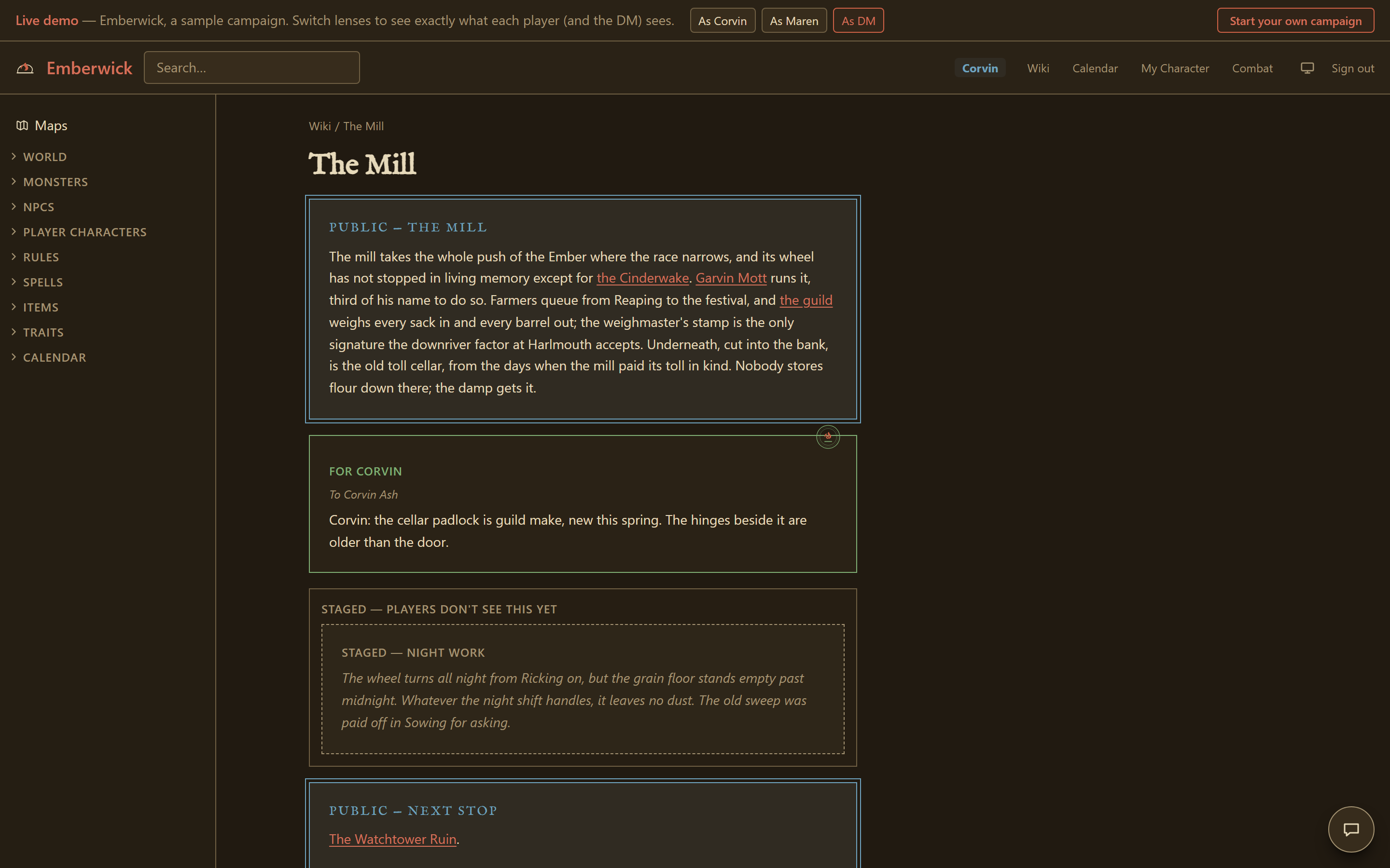 The Mill, a wiki page in the Emberwick demo world, seen through the DM lens: a blue public section, a green section addressed to the player Corvin, and a dashed block labelled "Staged — players don't see this yet".
