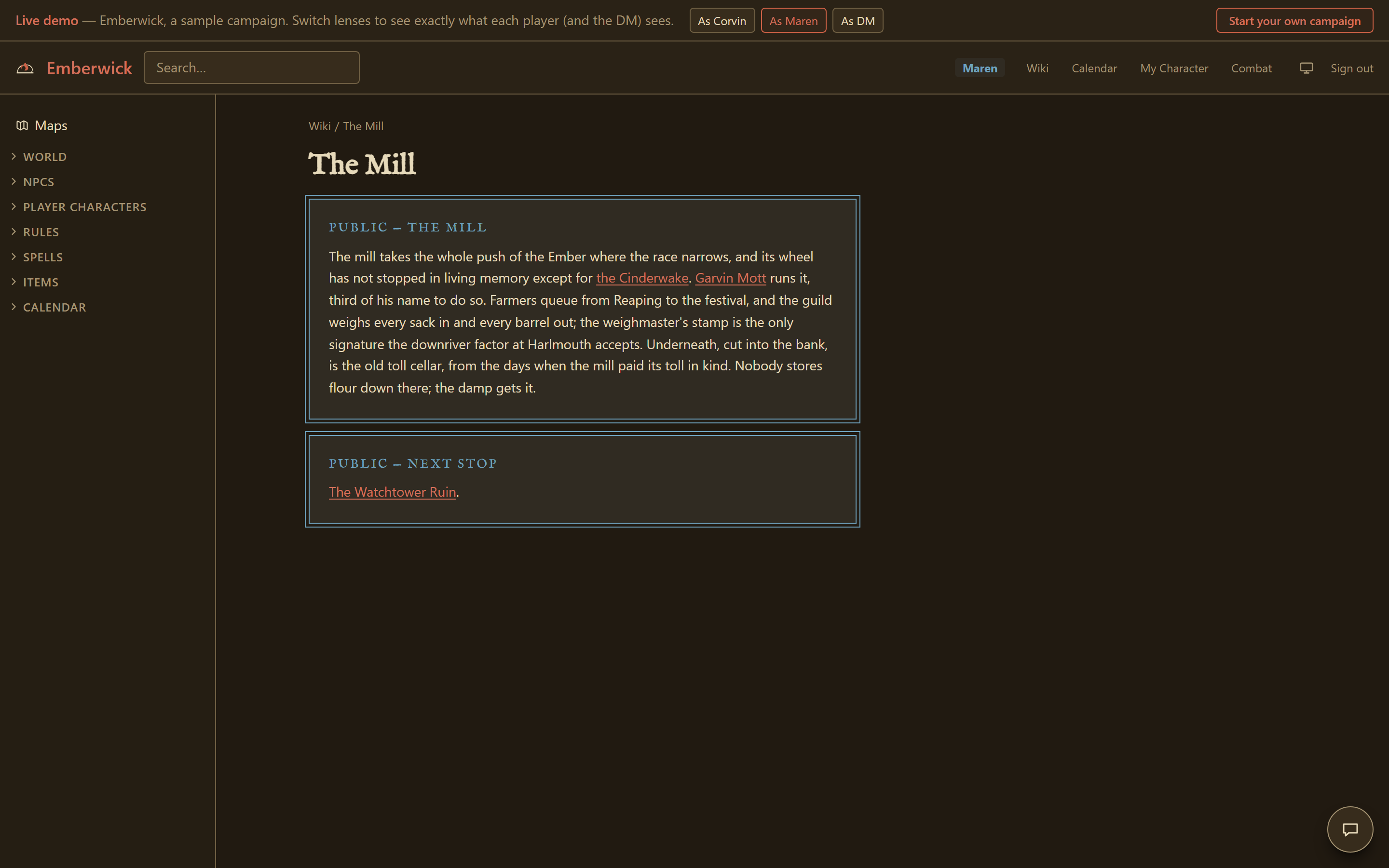 The same wiki page seen through a player lens: only the blue public section, with the addressed and staged blocks absent and fewer sections listed in the sidebar.